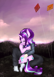 Size: 4961x7016 | Tagged: safe, artist:duop-qoub, imported from derpibooru, starlight glimmer, human, pony, unicorn, absurd resolution, both cutie marks, collar, cute, eyes closed, female, fluffy, glimmerbetes, hug, kite, mare, pet glimmer, pony pet, smiling, that pony sure does love kites