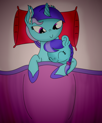 Size: 1920x2304 | Tagged: safe, artist:dinkyuniverse, imported from derpibooru, diamond mint, lily dache, pony, bed, bedroom, blanket, ear fluff, lidded eyes, pillow, relaxing, sleeping, unshorn fetlocks