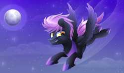 Size: 2813x1658 | Tagged: safe, artist:scarlet-spectrum, imported from derpibooru, oc, oc only, pegasus, pony, flying, full moon, male, moon, night, solo, stallion, starry night