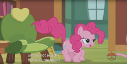 Size: 1920x970 | Tagged: safe, imported from derpibooru, screencap, fluttershy, pinkie pie, pony, fluttershy leans in, bedroom eyes, female, implied flutterpie, implied lesbian, implied shipping, meme, solo, youtube caption