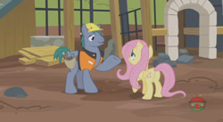 Size: 844x462 | Tagged: safe, imported from derpibooru, screencap, fluttershy, hard hat (character), pony, fluttershy leans in, butt, construction, female, hard hat, hard hat (g4), hat, mare, plot, talking