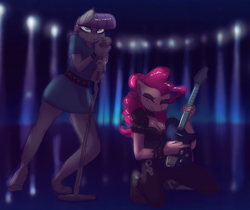 Size: 1742x1466 | Tagged: safe, artist:hiccupsdoesart, deleted from derpibooru, imported from derpibooru, maud pie, pinkie pie, anthro, guitar, microphone, rock