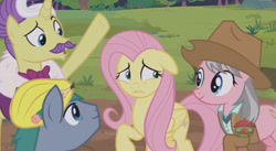 Size: 844x462 | Tagged: safe, imported from derpibooru, screencap, dandy grandeur, fluttershy, hard hat (character), wrangler, pony, fluttershy leans in, hard hat (g4)