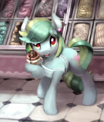 Size: 730x851 | Tagged: safe, artist:bakuel, imported from derpibooru, oc, oc only, oc:cool treat, earth pony, pony, bakery, clothes, commission, dessert, female, food, hoof hold, ice cream, open mouth, solo