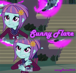 Size: 720x692 | Tagged: safe, artist:sunnyflurra2015, imported from derpibooru, sunny flare, equestria girls, friendship games, angry, canterlot high, dimensional cracks, female, grin, nervous, nervous grin, smiling, solo