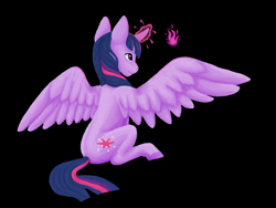 Size: 1024x772 | Tagged: safe, artist:believeinshadows, imported from derpibooru, twilight sparkle, alicorn, pony, black background, female, glowing horn, magic, mare, rear view, simple background, sitting, solo, spread wings, twilight sparkle (alicorn), wings