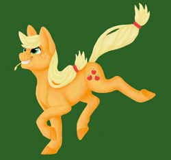 Size: 1024x957 | Tagged: safe, artist:believeinshadows, imported from derpibooru, applejack, pony, female, grin, hatless, hay stalk, missing accessory, mouth hold, simple background, smiling, solo, straw in mouth