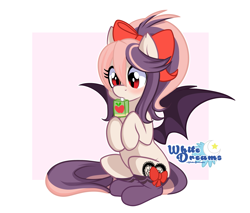 Size: 3351x2850 | Tagged: safe, artist:xwhitedreamsx, imported from derpibooru, oc, oc only, oc:sweet velvet, bat pony, pony, abstract background, bow, clothes, cute, drinking, female, hair bow, juice, juice box, mare, ocbetes, red eyes, sitting, solo, stockings, thigh highs