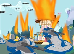 Size: 1959x1423 | Tagged: safe, artist:b1battledroid, imported from derpibooru, aat, battle droids, canterlot castle, crossover, fire, ponyville, spaceship, star wars, tank (vehicle)