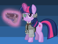 Size: 2000x1500 | Tagged: safe, artist:nightofaccordionsax, imported from derpibooru, twilight sparkle, pony, abstract background, blaster, clothes, cosplay, costume, female, fox mccloud, gun, magic, scanner, smiling, solo, star fox, weapon