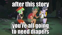 Size: 1366x768 | Tagged: safe, edit, edited screencap, imported from derpibooru, screencap, drama letter, microchips, timber spruce, watermelody, equestria girls, legend of everfree, background human, image macro, meme, scared, timber spruce's scary story