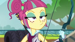 Size: 1280x720 | Tagged: safe, imported from derpibooru, screencap, sour sweet, equestria girls, friendship games, female, fence, freckles, smiling, smirk, solo, tree
