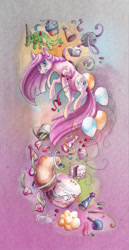 Size: 800x1549 | Tagged: safe, artist:moth-doll, imported from derpibooru, gummy, pinkie pie, pony, party of one, pinkamena diane pie