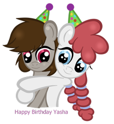 Size: 1280x1391 | Tagged: safe, artist:gingerlily93, imported from derpibooru, oc, oc only, oc:yashathebasher, pony, birthday, hat, hug, party hat