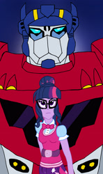 Size: 1929x3249 | Tagged: safe, artist:edcom02, imported from derpibooru, sci-twi, twilight sparkle, robot, equestria girls, autobot, bowtie, breasts, clothes, crossover, female, glasses, optimus prime, ponytail, skirt, transformers, transformers animated