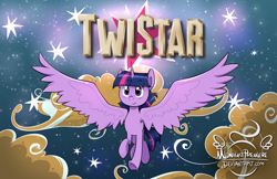 Size: 1500x970 | Tagged: safe, artist:midnightpremiere, imported from derpibooru, twilight sparkle, alicorn, pony, closing logo, cloud, columbia, female, flying, smiling, solo, spread wings, stars, text, tristar, twilight sparkle (alicorn), wings