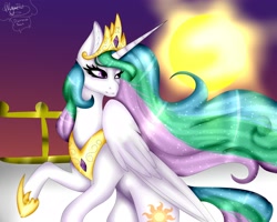 Size: 4000x3200 | Tagged: safe, artist:minelvi, artist:rosediamond1, imported from derpibooru, princess celestia, alicorn, pony, bipedal, collaboration, crown, female, jewelry, peytral, regalia, solo, sun