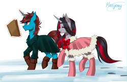 Size: 1238x800 | Tagged: safe, artist:margony, imported from derpibooru, oc, oc only, pony, unicorn, book, boots, clothes, coat, duo, eyes closed, female, gift art, magic, male, mare, reading, smiling, snow, stallion, winter outfit