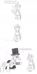 Size: 1211x2395 | Tagged: safe, artist:dsb71013, derpibooru exclusive, imported from derpibooru, zig zag, oc, oc:night cap, oc:static signal, pony, cape, clothes, comic, gloves, glowing eyes, hat, monochrome, top hat
