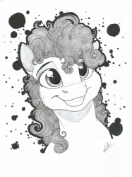 Size: 1024x1366 | Tagged: safe, artist:lupiarts, imported from derpibooru, pinkie pie, earth pony, pony, female, grin, happy, mare, simple background, smiling, solo, traditional art