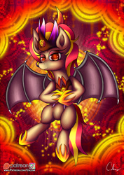 Size: 877x1240 | Tagged: safe, artist:calena, imported from derpibooru, oc, oc only, pony, succubus, abstract background, bat wings, crown, energy, flying, gold, horseshoes, jewelry, nose piercing, nose ring, patreon, patreon logo, piercing, regalia, solo