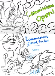 Size: 1280x1746 | Tagged: safe, artist:ralek, imported from derpibooru, oc, oc only, oc:turquoise, oc:twinkie dink, bat pony, pegasus, pony, abuse, announcement, balloon, cake, comic, commission, cute, duo, duo male, ear piercing, faceplant, food, frosting, gauges, icing bag, male, piercing, rekt, sketch, sound effects, tongue out, turquoise is being a dick again, vulgar
