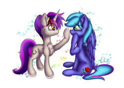 Size: 1240x877 | Tagged: safe, artist:calena, imported from derpibooru, oc, oc only, oc:cloud icicle, pony, boop, friendship, happy, simple background, sitting, smiling, white background