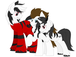 Size: 4000x3000 | Tagged: safe, artist:coramino, imported from derpibooru, oc, oc only, oc:core, oc:mike, oc:oblivious, earth pony, pony, unicorn, best friends, draft horse, fangs, group, hug, lidded eyes, raised hoof, red eyes, smiling