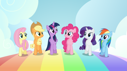 Size: 6001x3376 | Tagged: safe, artist:deratrox, imported from derpibooru, applejack, fluttershy, pinkie pie, rainbow dash, rarity, twilight sparkle, alicorn, earth pony, pegasus, pony, unicorn, all bottled up, .ai available, .svg available, absurd resolution, best friends until the end of time, cute, eye contact, female, happy, looking at each other, mane six, mare, open mouth, rainbow, rainbow road, raised hoof, simple background, smiling, trotting, twilight sparkle (alicorn), vector, wallpaper