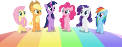 Size: 6001x2355 | Tagged: safe, artist:deratrox, imported from derpibooru, applejack, fluttershy, pinkie pie, rainbow dash, rarity, twilight sparkle, alicorn, earth pony, pegasus, pony, unicorn, all bottled up, .ai available, .svg available, absurd resolution, best friends until the end of time, cute, eye contact, female, happy, looking at each other, mane six, mare, open mouth, rainbow, rainbow road, raised hoof, simple background, smiling, transparent background, trotting, twilight sparkle (alicorn), vector