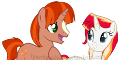 Size: 1024x508 | Tagged: safe, artist:ipandacakes, imported from derpibooru, oc, oc only, oc:blazing ember, oc:solar flare, pony, unicorn, blaze (coat marking), coat markings, duo, facial markings, female, male, mare, offspring, parent:fire streak, parent:starlight glimmer, parent:sunburst, parent:sunset shimmer, parents:starburst, parents:sunsetstreak, simple background, stallion, transparent background