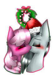 Size: 715x1030 | Tagged: safe, artist:alithecat1989, imported from derpibooru, cheerilee, marble pie, earth pony, pony, blushing, bust, christmas wreath, clothes, crack shipping, eyes closed, female, hat, holly, kissing, lesbian, marbilee, mistletoe, santa hat, scarf, shipping, simple background, transparent background, wreath