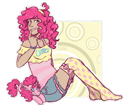 Size: 1109x935 | Tagged: safe, artist:kikirdcz, imported from derpibooru, pinkie pie, human, bracelet, clothes, female, grin, humanized, jewelry, lidded eyes, missing shoes, moderate dark skin, plushie, shirt, shorts, simple background, sitting, smiling, socks, solo, transparent background