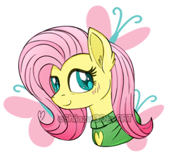 Size: 600x557 | Tagged: safe, artist:katsuforov-chan, artist:shiiazu, imported from derpibooru, fluttershy, pony, blushing, bust, clothes, cutie mark background, female, looking at you, looking sideways, portrait, simple background, smiling, solo, song in the description, sweater, sweatershy, transparent background