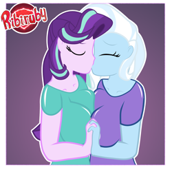 Size: 1280x1280 | Tagged: safe, alternate version, artist:ribiruby, imported from derpibooru, starlight glimmer, trixie, equestria girls, big breasts, breasts, busty starlight glimmer, busty trixie, clothes, eyes closed, female, kiss on the lips, kissing, lesbian, shipping, shirt, startrix, symmetrical docking