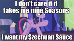 Size: 1920x1080 | Tagged: safe, edit, edited screencap, imported from derpibooru, screencap, twilight sparkle, alicorn, pony, what about discord?, angry, discovery family logo, female, image macro, mcdonald's, meme, pointing, rick and morty, solo, szechuan sauce, twilight sparkle (alicorn)