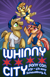 Size: 1024x1583 | Tagged: safe, artist:sciggles, imported from derpibooru, oc, oc only, earth pony, pegasus, pony, unicorn, baseball, baseball bat, clothes, colt, cute, female, happy, hat, looking up, male, mare, ocbetes, open mouth, raised hoof, rearing, shirt, smiling, stallion, trio, whinnycitycon