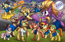 Size: 1024x663 | Tagged: safe, artist:sciggles, imported from derpibooru, spike, steven magnet, sunset shimmer, sweetie belle, oc, oc:blackgryph0n, oc:dee dee, oc:deep dish, oc:hoof work, oc:mustard mark, earth pony, griffon, pegasus, pony, sea serpent, unicorn, baseball, baseball bat, baseball cap, cap, clothes, colt, dishoof, female, goku, group, happy, hat, looking up, male, mare, open mouth, ponified, raised hoof, rearing, shirt, son goku, stallion