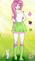 Size: 580x1000 | Tagged: safe, artist:liniitadash23, imported from derpibooru, angel bunny, fluttershy, butterfly, equestria girls, boots, clothes, cute, hands behind back, high heel boots, human coloration, looking at you, open mouth, skirt, socks, tanktop