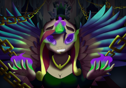 Size: 5000x3500 | Tagged: safe, artist:kickassking, imported from derpibooru, princess cadance, alicorn, anthro, absurd resolution, chains, corrupted, corrupted cadance, crystal empire, dark magic, dark queen, evil, evil cadance, evil grin, female, glowing eyes, glowing horn, grin, horn, magic, mare, possessed, queen cadance, smiling, solo, sombra eyes, throne room, tyrant cadance