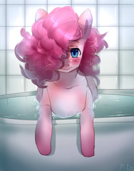 Size: 1100x1400 | Tagged: safe, artist:mysticduck, imported from derpibooru, pinkie pie, pony, bathtub, blushing, female, hair over one eye, solo, water