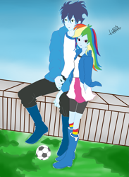 Size: 1105x1509 | Tagged: safe, artist:liniitadash23, imported from derpibooru, rainbow dash, soarin', equestria girls, boots, clothes, compression shorts, cute, female, football, grass, hand in pocket, jacket, male, shipping, shorts, skirt, soarindash, socks, straight