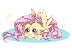 Size: 1024x741 | Tagged: safe, artist:mellownite, imported from derpibooru, fluttershy, pony, blushing, cute, female, floppy ears, looking at you, looking up, prone, puffy cheeks, shyabetes, solo, spread wings, wings