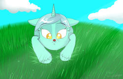 Size: 1400x900 | Tagged: safe, artist:twilightwolf91, imported from derpibooru, lyra heartstrings, ladybug, pony, unicorn, colored pupils, female, floppy ears, grass, mare, solo, unshorn fetlocks