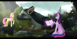 Size: 4304x2205 | Tagged: safe, artist:dezdark, imported from derpibooru, fluttershy, twilight sparkle, pony, unicorn, absurd resolution, magic, the last guardian, trico, unicorn twilight