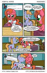 Size: 1280x1978 | Tagged: safe, artist:wadusher0, imported from derpibooru, oc, oc only, oc:cordovan, oc:pun, earth pony, pony, comic:hospital hijinks, bandage, comic, father and daughter, female, hospital, male, mare, nuzzling, scar, stallion