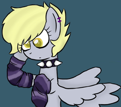 Size: 798x710 | Tagged: safe, artist:rozzertrask, edit, imported from derpibooru, derpy hooves, pegasus, pony, choker, clothes, female, mare, punk, simple background, socks, solo, spiked choker, striped socks