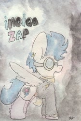 Size: 683x1015 | Tagged: safe, artist:slightlyshade, imported from derpibooru, indigo zap, pegasus, pony, equestria girls, clothes, equestria girls ponified, female, goggles, hoodie, ponified, solo, traditional art