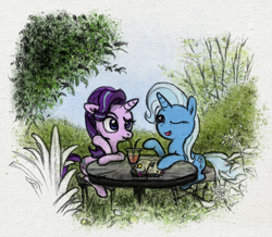 Size: 800x698 | Tagged: safe, artist:hewison, imported from derpibooru, starlight glimmer, trixie, pony, unicorn, book, drink, female, garden, lesbian, mare, one eye closed, shipping, sitting, startrix, table, tree, wink