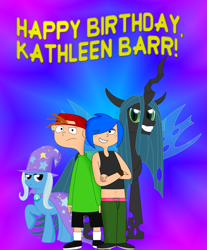 Size: 3865x4671 | Tagged: safe, artist:cyber-murph, imported from derpibooru, queen chrysalis, trixie, pony, unicorn, absurd resolution, belly button, cape, clothes, crossover, ed edd n eddy, female, happy birthday, hat, kathleen barr, kevin, kevin (ed edd n eddy), mare, marie kanker, midriff, tribute, voice actor